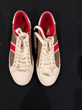 G by Guess Brown Monogram Sneakers with Red Accent